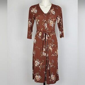 Monteau Los Angeles Women's Button Down Midi Dress 3/4 Sleeves Brown Floral Sz S